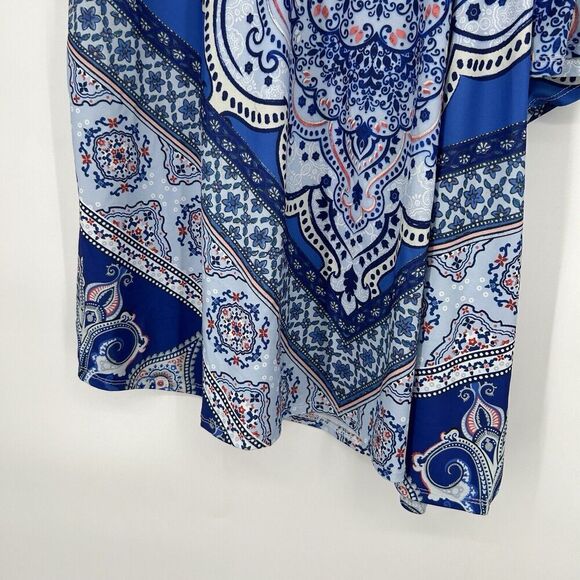 One World Boho Top Blue Mixed Pattern One Cold Shoulder Stretch Whimsy Size XL - Picture 4 of 9